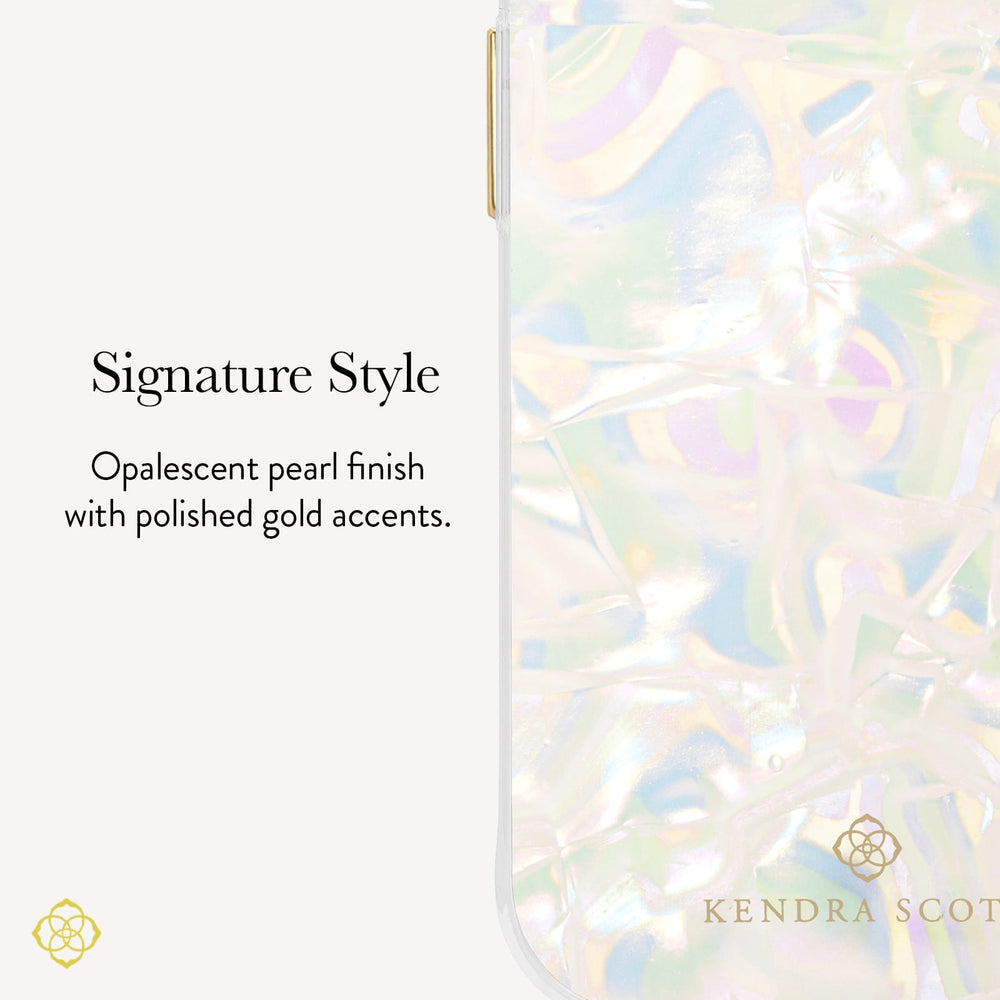 A close-up of a phone case with iridescent pearl-like patterning and small gold accents, shown beside text reading 'Signature Style' and 'Opalescent pearl finish with polished gold accents.' The Kendra Scott logo appears near the bottom right of the case.