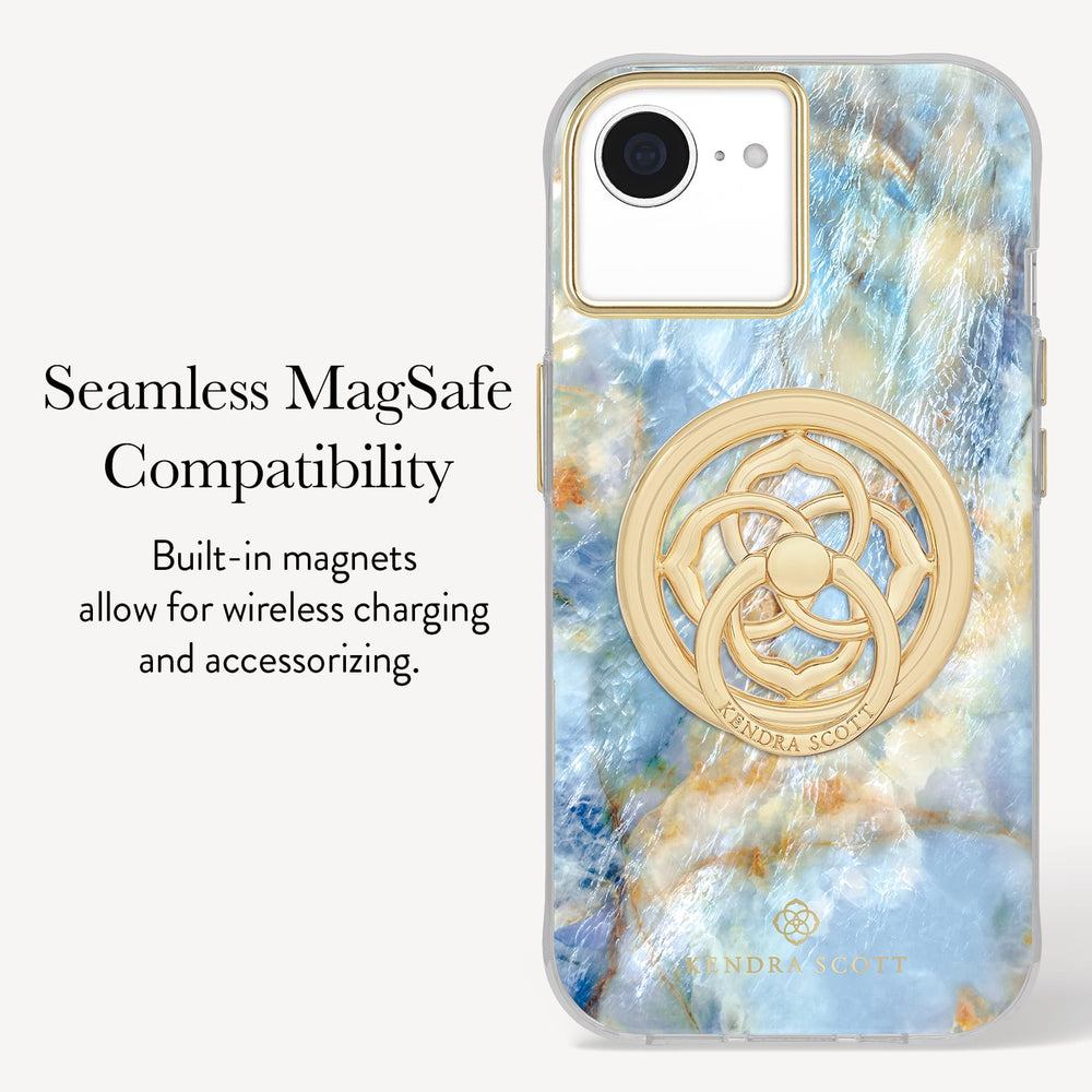 A clear phone case with a blue, white, and gold marbled pattern, featuring a built-in gold magnetic ring on the back. The left side of the image contains text that reads 'Seamless MagSafe Compatibility' and 'Built-in magnets allow for wireless charging and accessorizing.