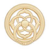 Gold circular pendant with interlocking rings and 'Kendra Scott' engraving on a white background #color_gold