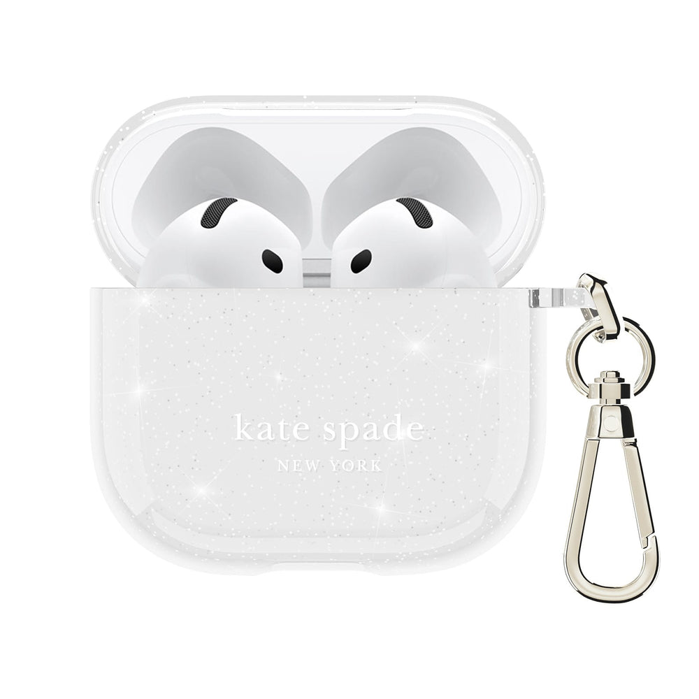 Clear airpod case with keychain and 'kate spade new york' branding on a white background