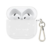 Clear airpod case with keychain and 'kate spade new york' branding on a white background