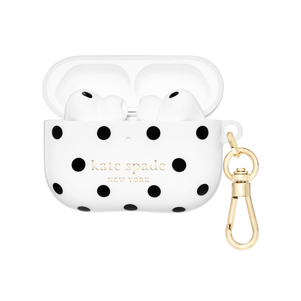 White AirPods case with black polka dots and gold 'kate spade NEW YORK' lettering, shown open with white earbuds inside and a gold clasp keychain on a white background.