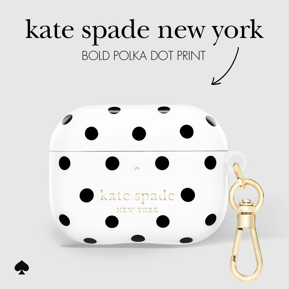 White AirPods case with bold black polka dots and gold 'kate spade new york' lettering, shown with a gold clasp on a light gray background with product text above.