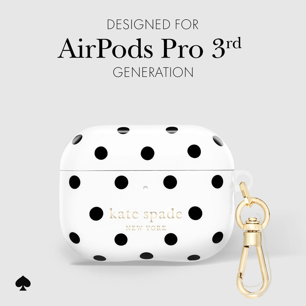 White AirPods Pro case with black polka dots and gold 'kate spade NEW YORK' lettering, shown with a gold clasp on a light gray background. Text at the top reads 'DESIGNED FOR AirPods Pro 3rd GENERATION'.