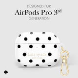 White AirPods Pro case with black polka dots and gold 'kate spade NEW YORK' lettering, shown with a gold clasp on a light gray background. Text at the top reads 'DESIGNED FOR AirPods Pro 3rd GENERATION'.