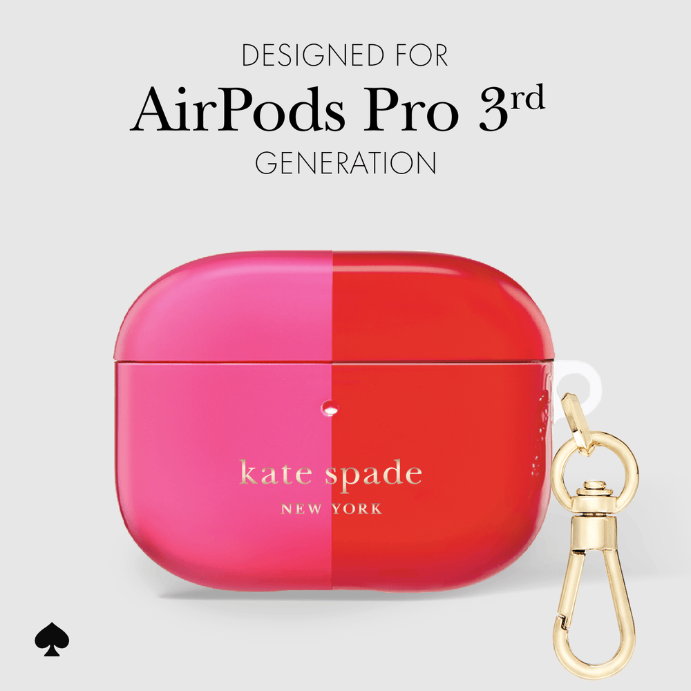 Kate Spade AirPods Pro 3rd Generation case in a vibrant pink and red split design with a gold clasp, shown on a light gray background with text reading 'DESIGNED FOR AirPods Pro 3rd GENERATION'.