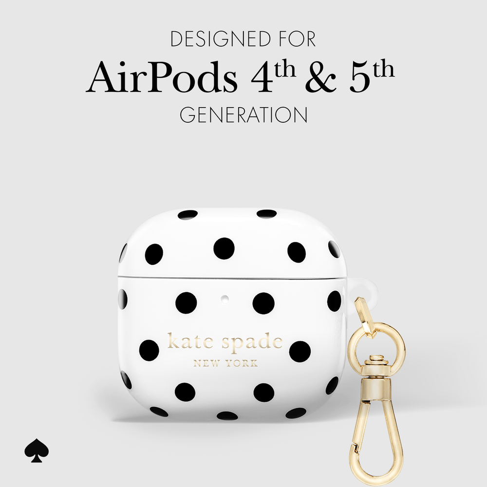 White AirPods case with black polka dots and gold 'kate spade NEW YORK' lettering, shown with a gold clasp accessory on a light gray background. Text above reads 'DESIGNED FOR AirPods 4th & 5th GENERATION'.