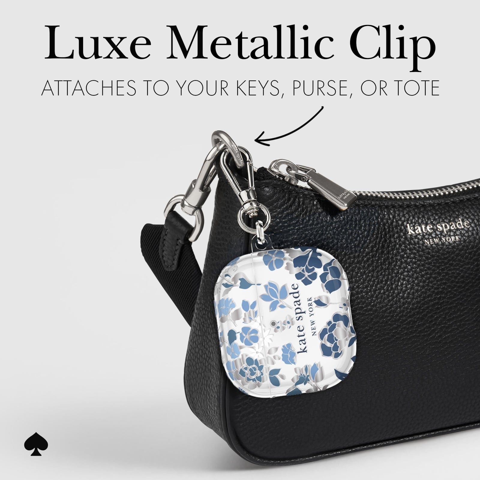 Luxe metallic clip attaches to your keys, purse, and tote