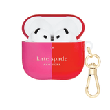 Kate Spade New York AirPods case in a glossy red and pink gradient, shown open with white AirPods inside and a gold-tone keychain attached on a white background.