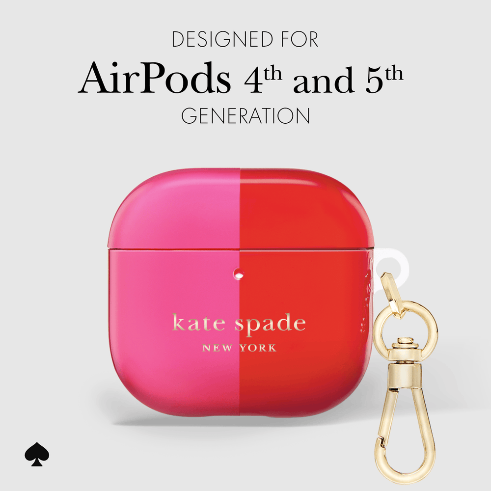 Kate Spade AirPods case designed for AirPods 4th and 5th generation, featuring a glossy vertical split design in vibrant pink and red, with a gold-tone carabiner clip attached on the right.