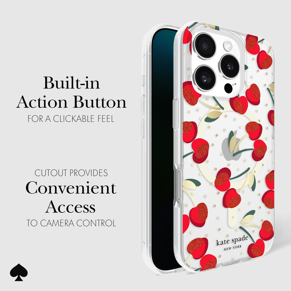 CLICKABLE BUILT-IN ACTION BUTTON. CUTOUT PROVIDES CONVENIENT ACCESS TO CAMERA CONTROL