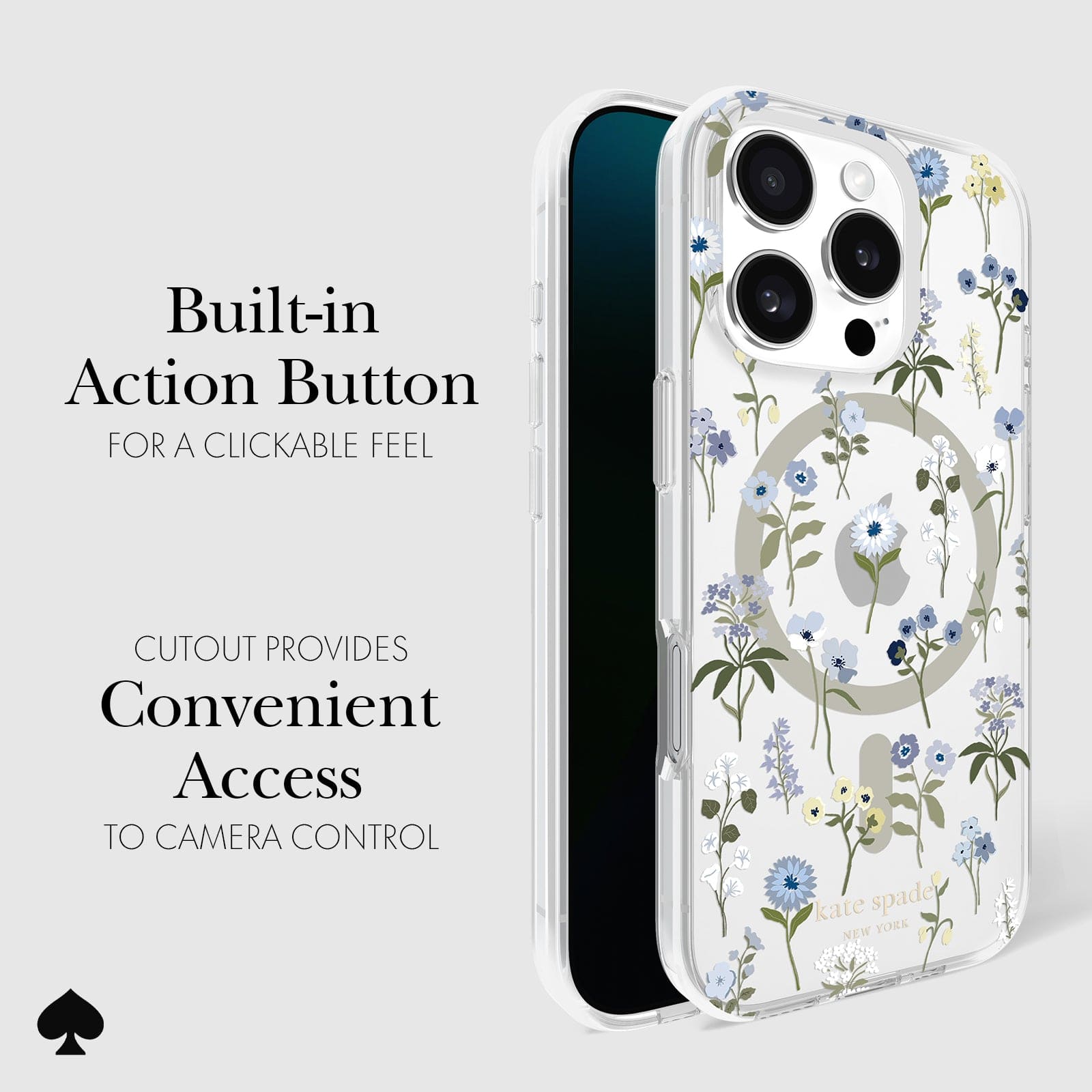 BUILT IN ACTION BUTTON FOR CLICKABLE FEEL. CUTOUT PROVIDES CONVENIENT ACCESS TO CAMERA CONTROL