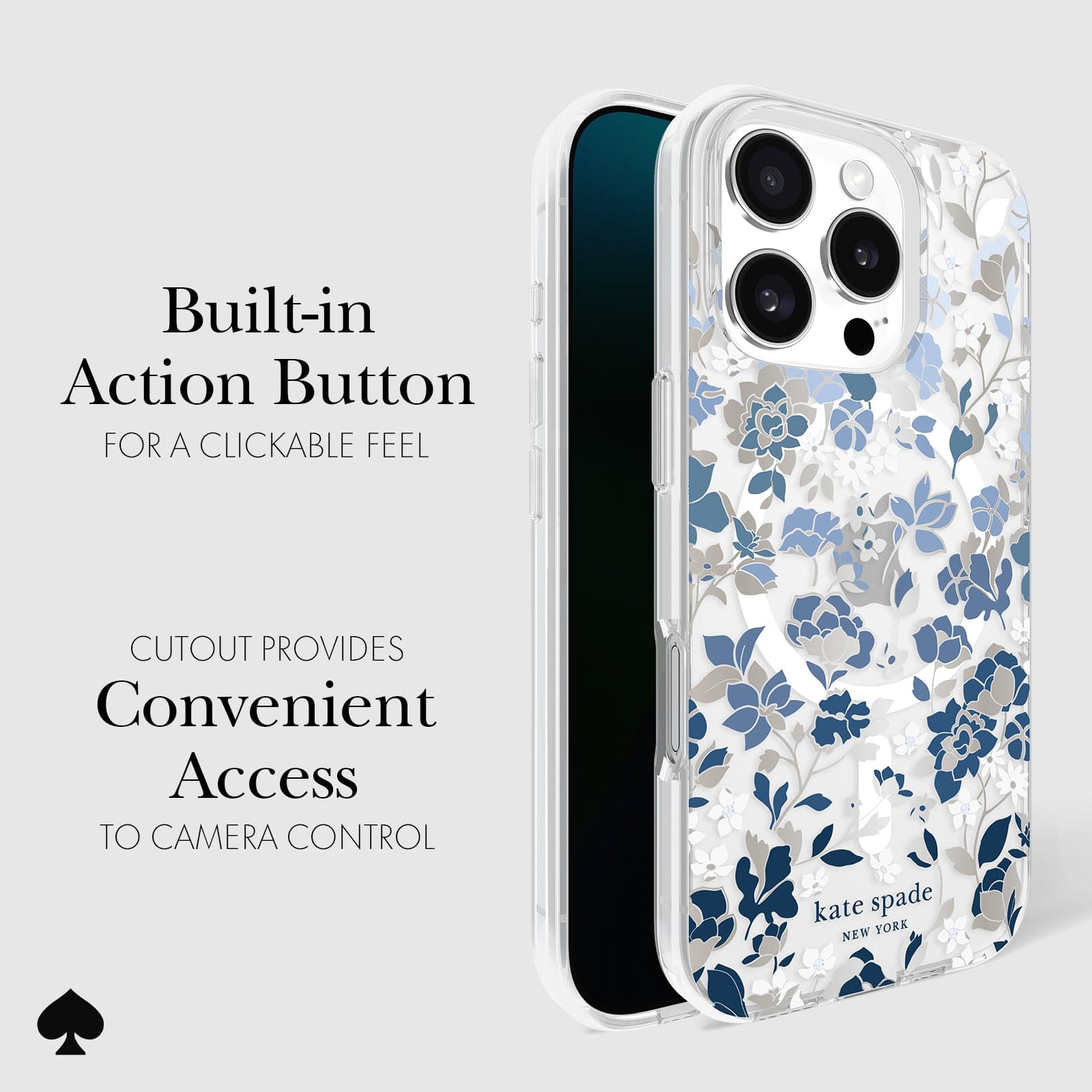 BUILT IN ACTION BUTTON FOR A CLICKABLE FEEL. CUTOUT PROVIDES CONVENIENT ACCESS TO CAMERA CONTROL