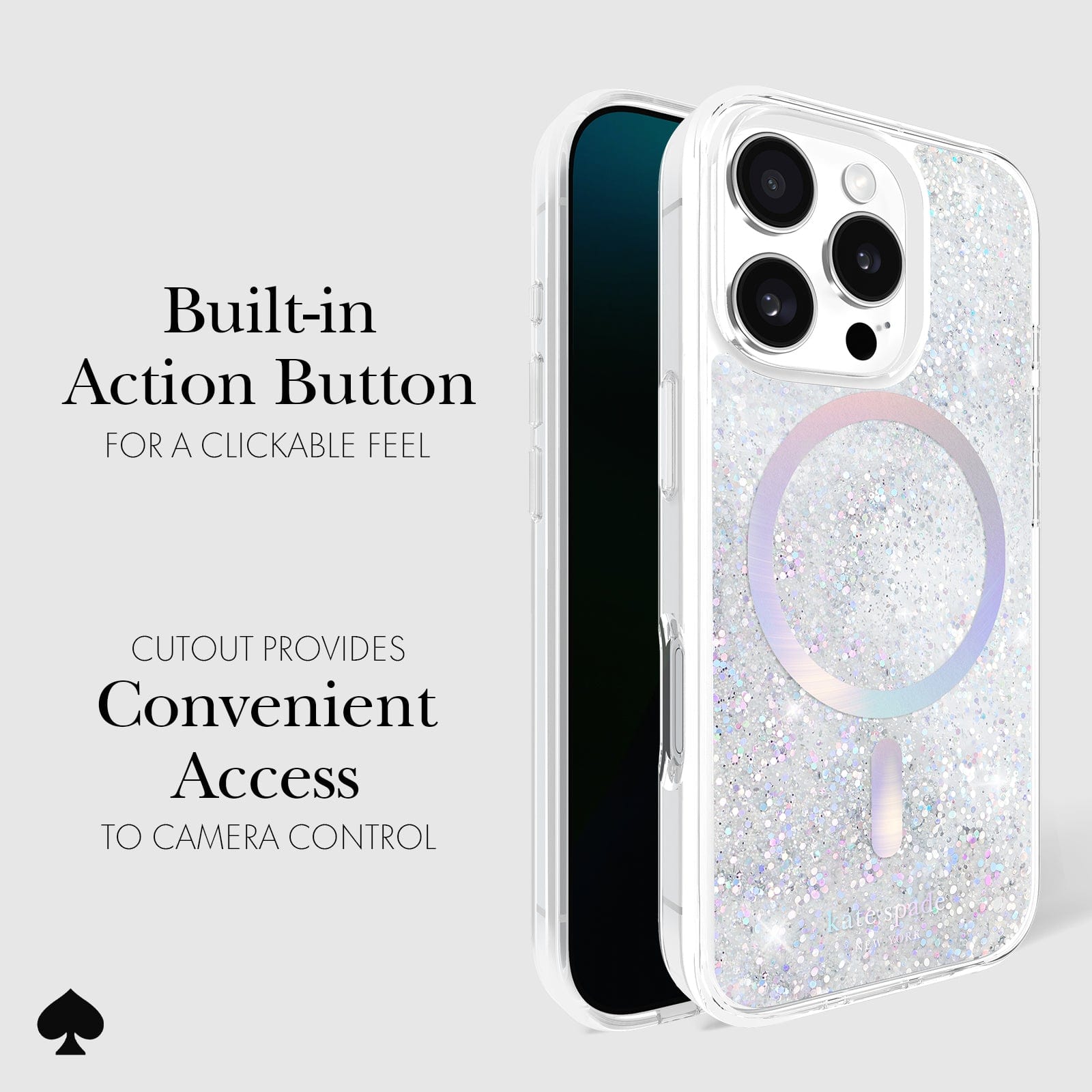 BUILT IN ACTION BUTTON FOR A CLICKABLE FEEL. CUTOUT PROVIDES CONVENIENT ACCESS TO CAMERA CONTROL