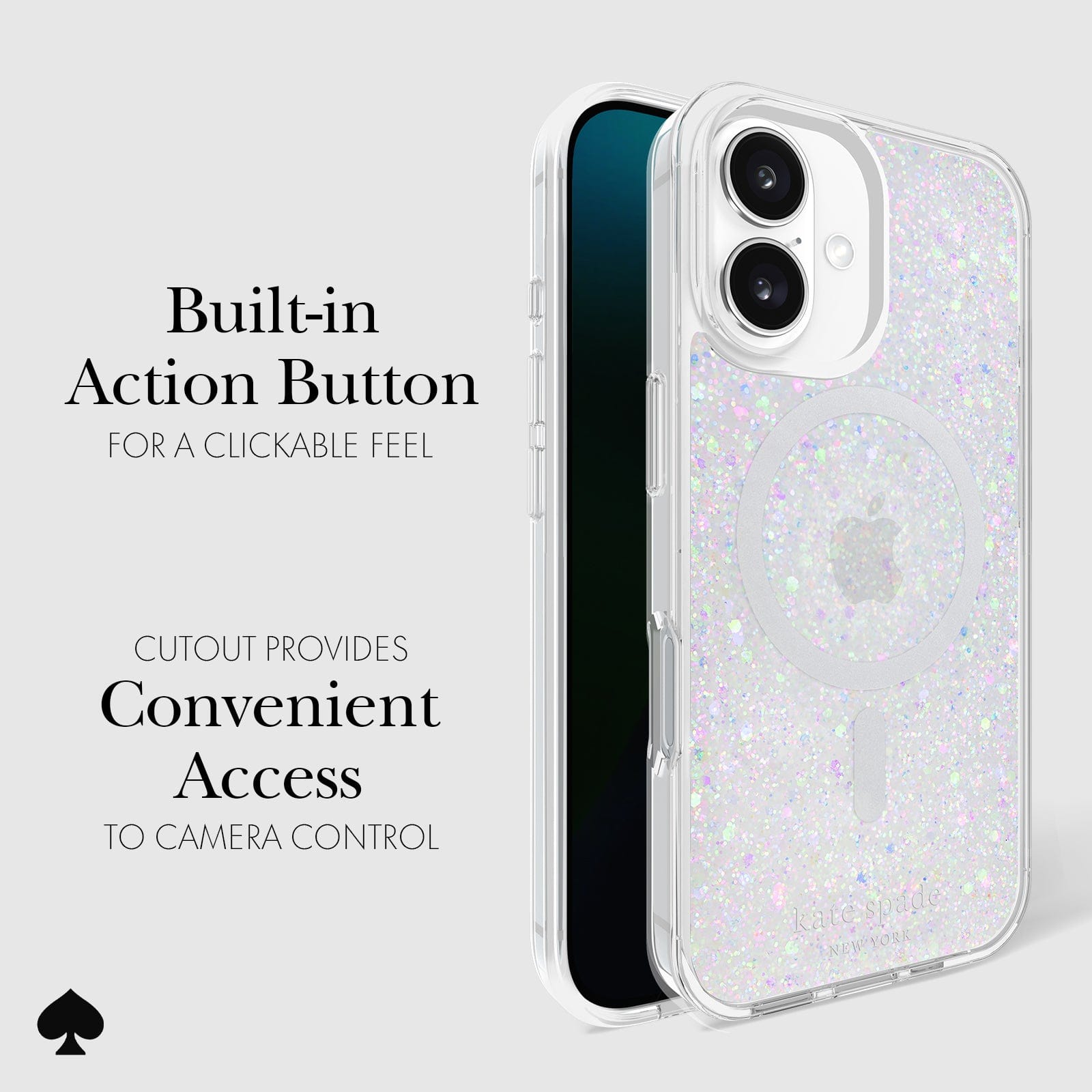 CLICKABLE BUILT-IN ACTION BUTTON. CUTOUT PROVIDES CONVENIENT ACCESS TO CAMERA CONTROL
