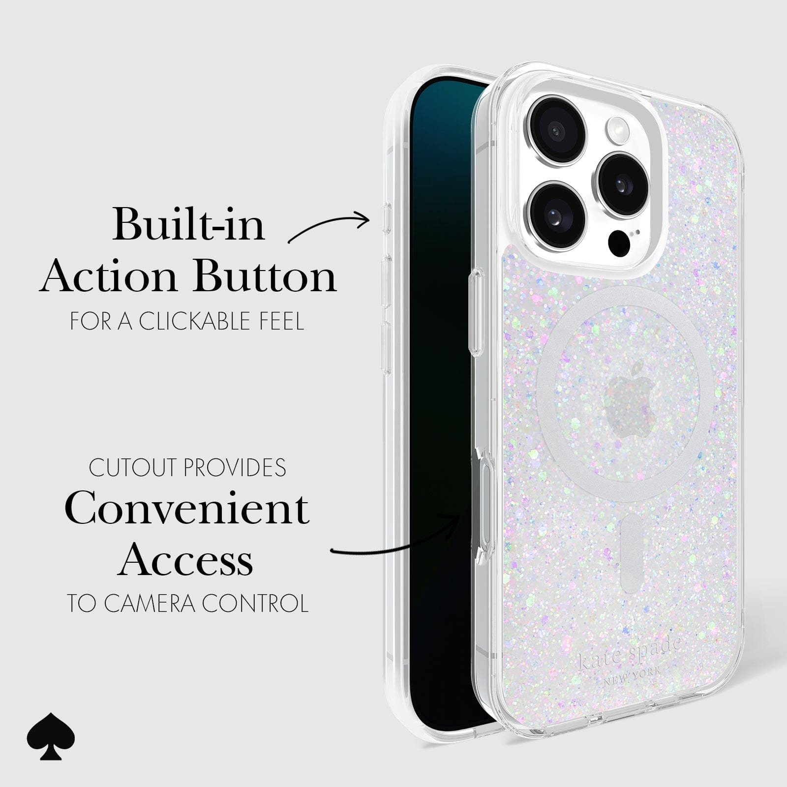 BUILT IN ACTION BUTTON FOR CLICKABLE FEEL/ CUTOUT PROVIDES CONVENIENT ACCESS TO CAMERA CONTROL