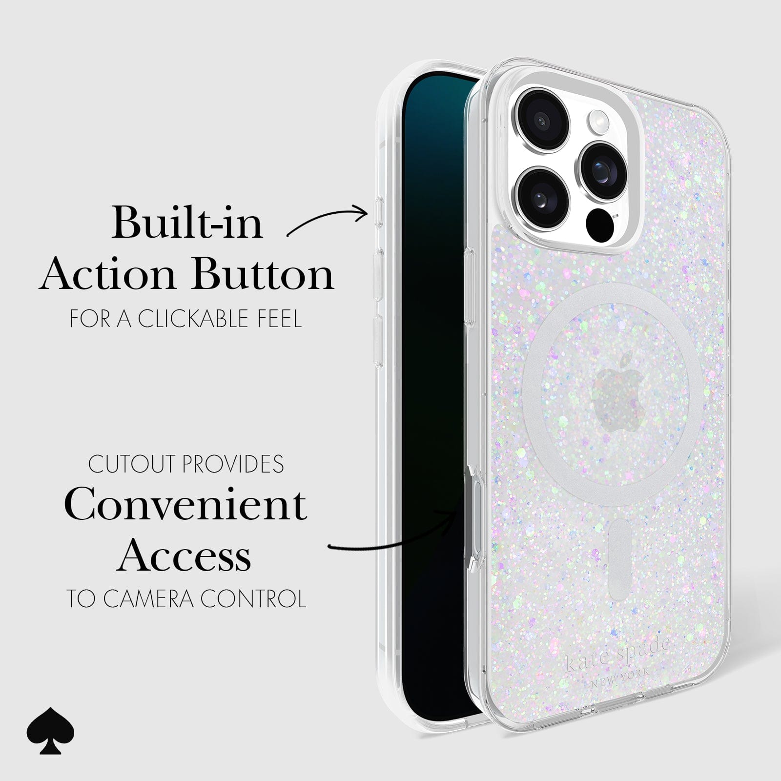 BUILT IN ACTION BUTTON FOR A CLICKABLE FEEL. CUTOUT PROVIDES CONVENIENT ACCESS TO CAMERA CONTROL. 