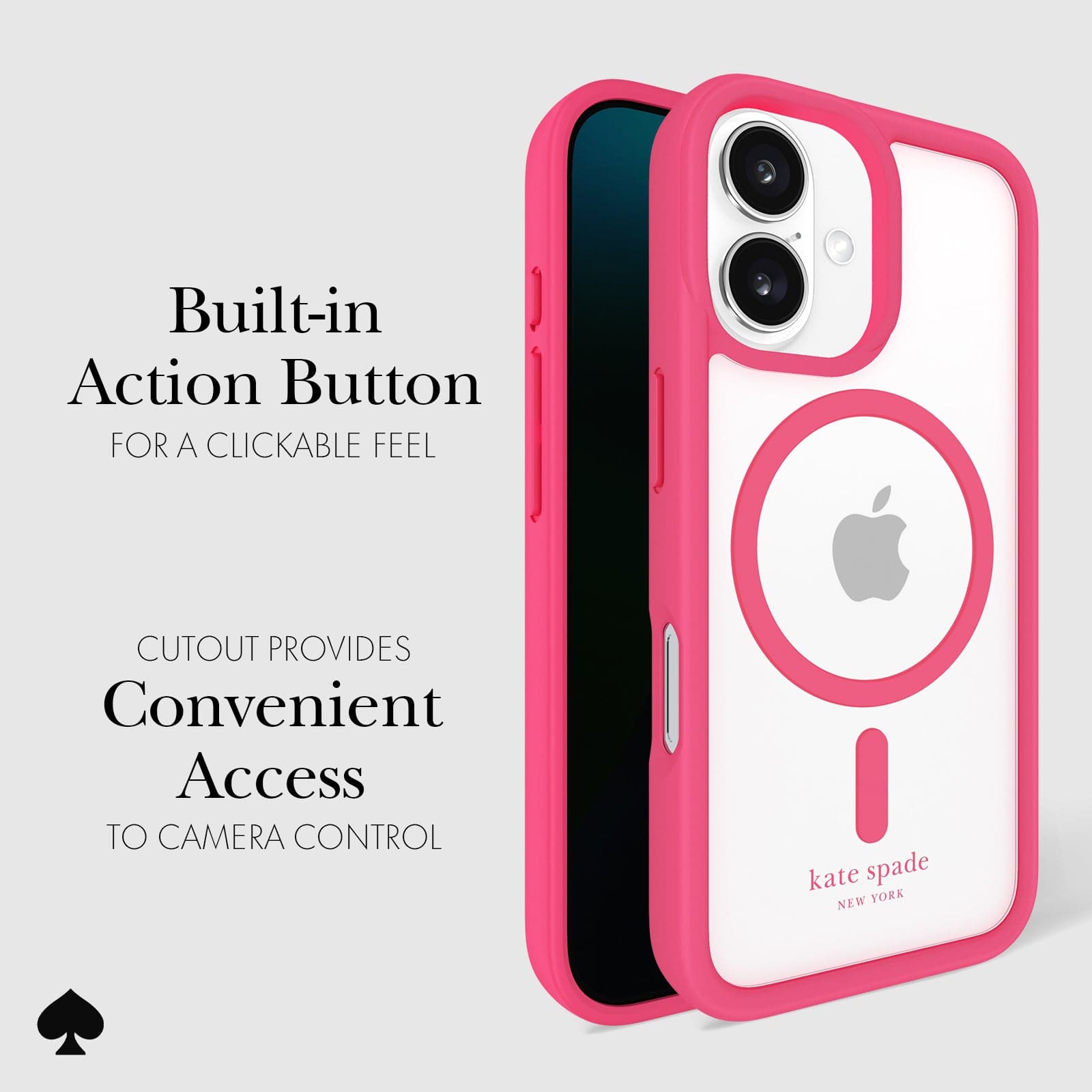 BUILT IN ACTION BUTTON FOR A CLICKABLE FEEL. CUTOUT PROVIDES CONVENIENT ACCESS TO CAMERA CONTROL