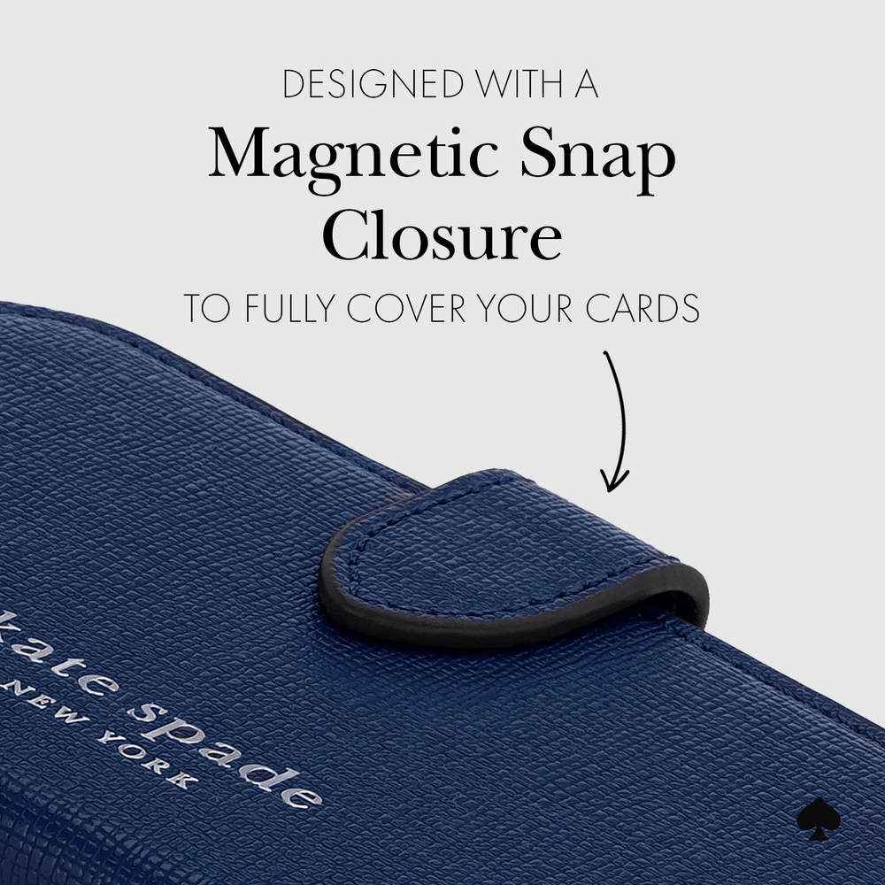 designed with a magnetic strap closure to fully cover your cards