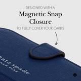 designed with a magnetic strap closure to fully cover your cards