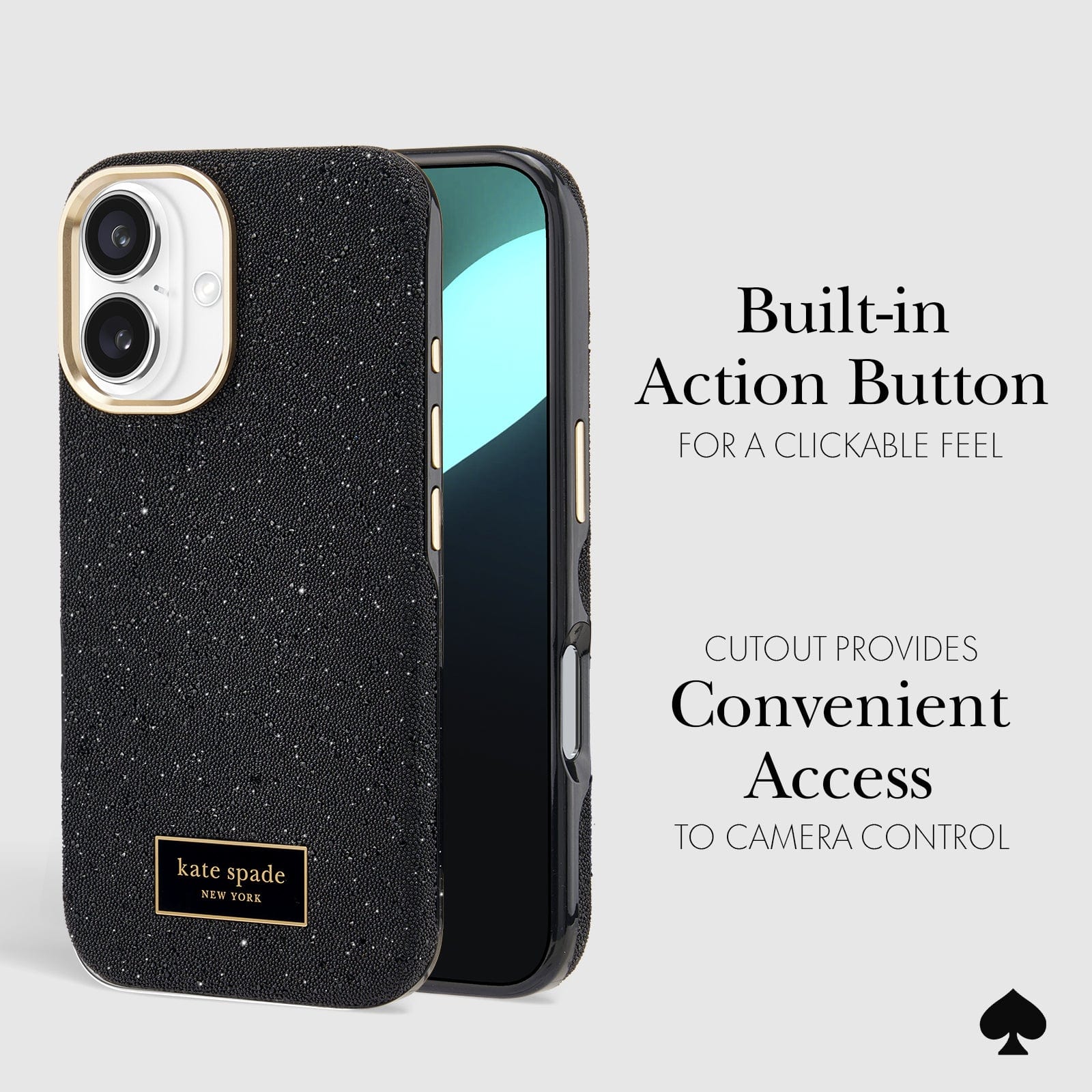 CLICKABLE BUILT-IN ACTION BUTTON. CUTOUT PROVIDES CONVENIENT ACCESS TO CAMERA CONTROL
