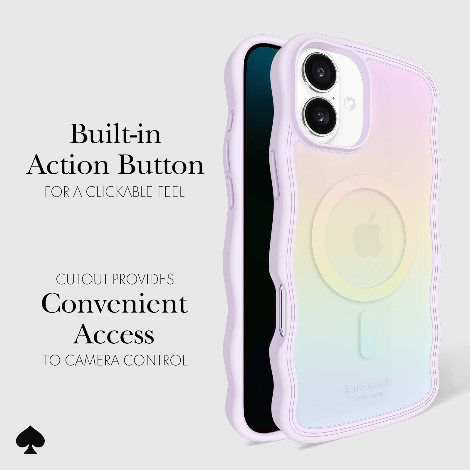 CLICKABLE BUILT-IN ACTION BUTTON. CUTOUT PROVIDES CONVENIENT ACCESS TO CAMERA CONTROL