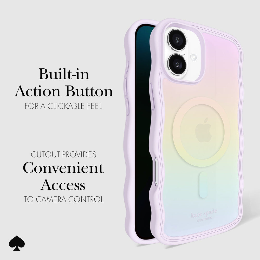 CLICKABLE BUILT-IN ACTION BUTTON. CUTOUT PROVIDES CONVENIENT ACCESS TO CAMERA CONTROL