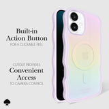 CLICKABLE BUILT-IN ACTION BUTTON. CUTOUT PROVIDES CONVENIENT ACCESS TO CAMERA CONTROL
