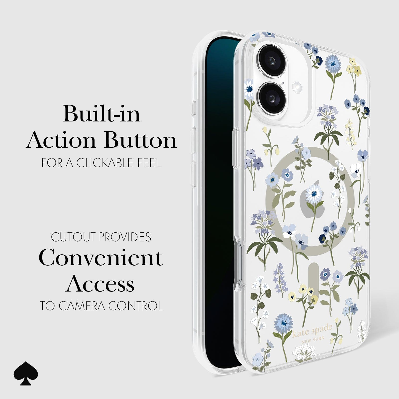 CLICKABLE BUILT-IN ACTION BUTTON. CUTOUT PROVIDES CONVENIENT ACCESS TO CAMERA CONTROL