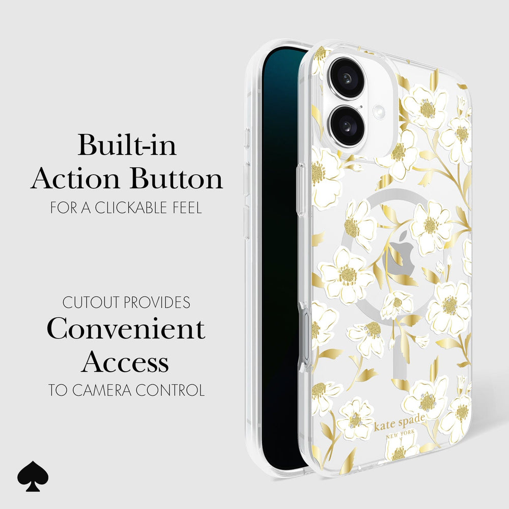 CLICKABLE BUILT-IN ACTION BUTTON. CUTOUT PROVIDES CONVENIENT ACCESS TO CAMERA CONTROL