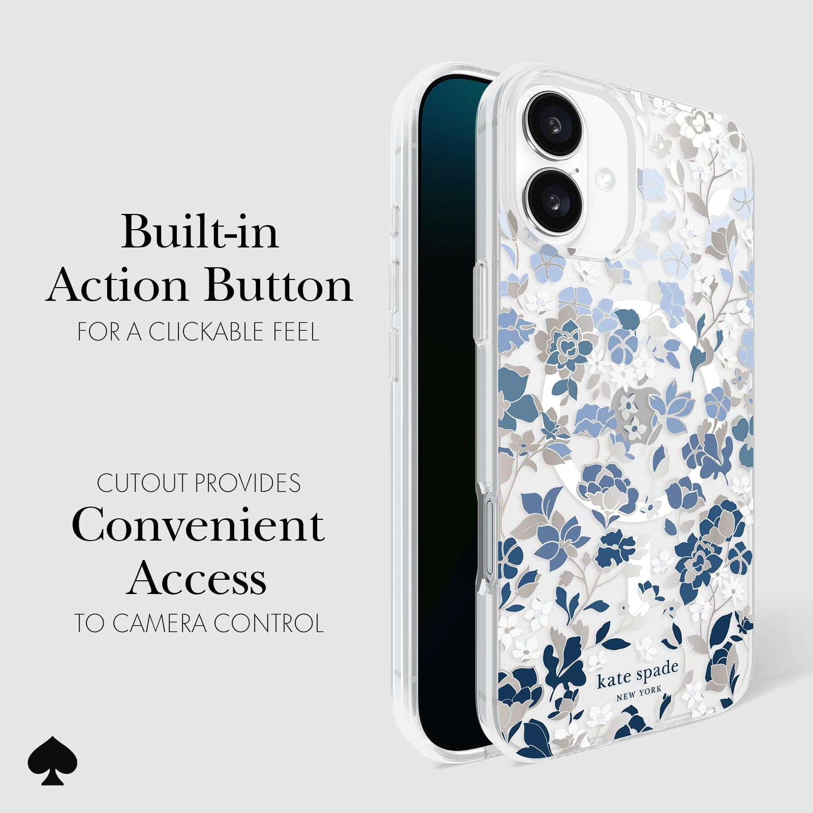 CLICKABLE BUILT-IN ACTION BUTTON. CUTOUT PROVIDES CONVENIENT ACCESS TO CAMERA CONTROL
