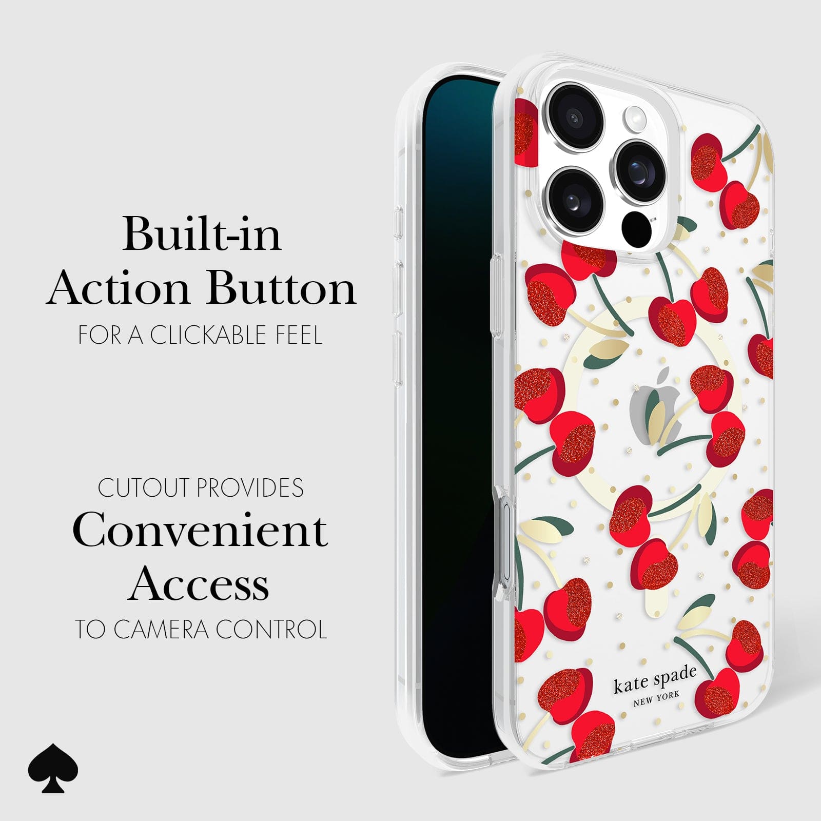 CLICKABLE BUILT-IN ACTION BUTTON. CUTOUT PROVIDES CONVENIENT ACCESS TO CAMERA CONTROL
