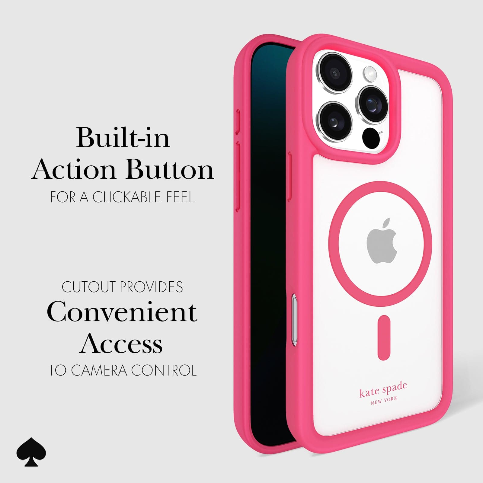 BUILT IN ACTION BUTTON FOR A CLICKABLE FEEL. CUTOUT PROVIDES CONVENIENT ACCESS TO CAMERA CONTROL
