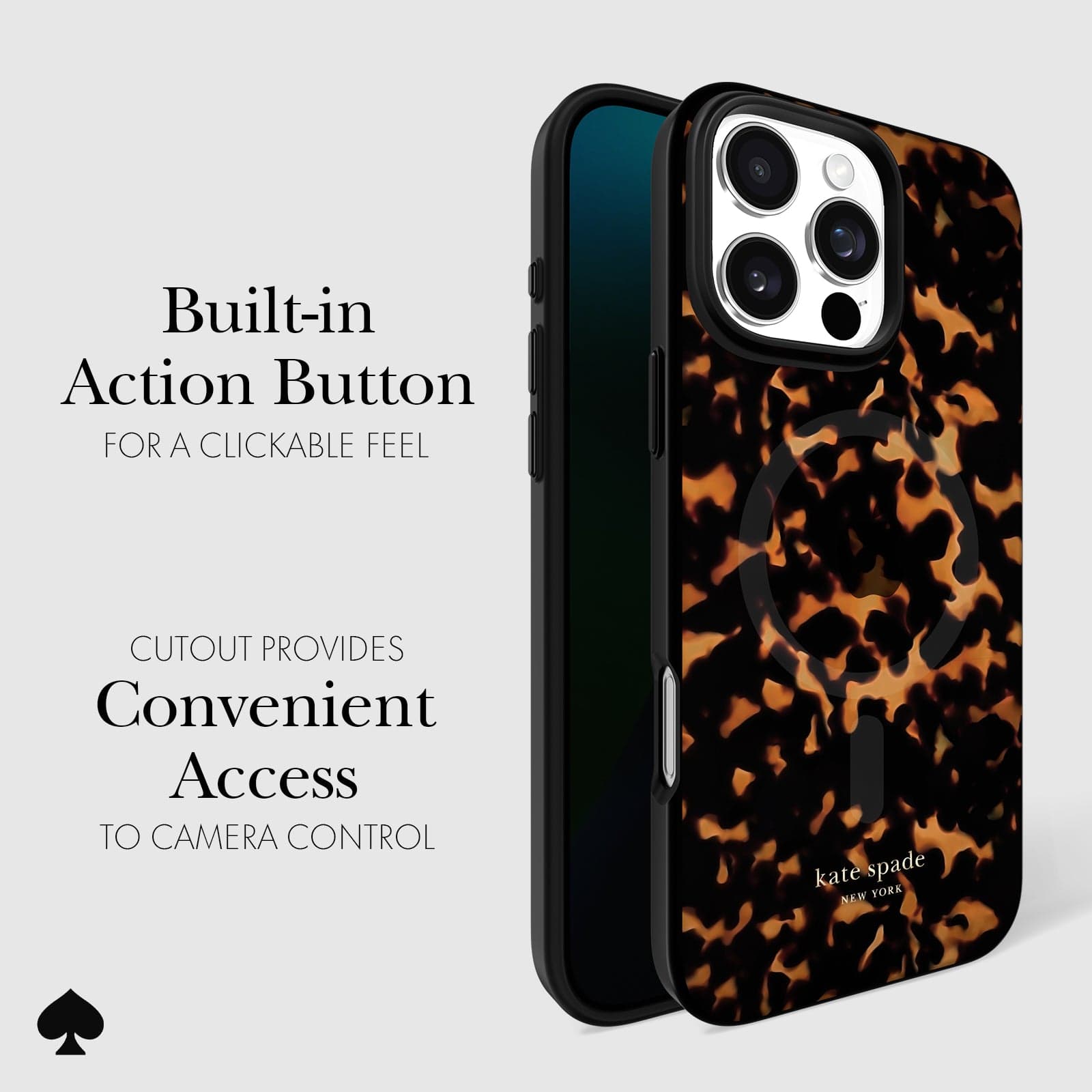 BUILT IN ACTION BUTTON FOR A CLICKABLE FEEL. CUTOUT PROVIDES CONVENIENT ACCESS TO CAMERA CONTROL