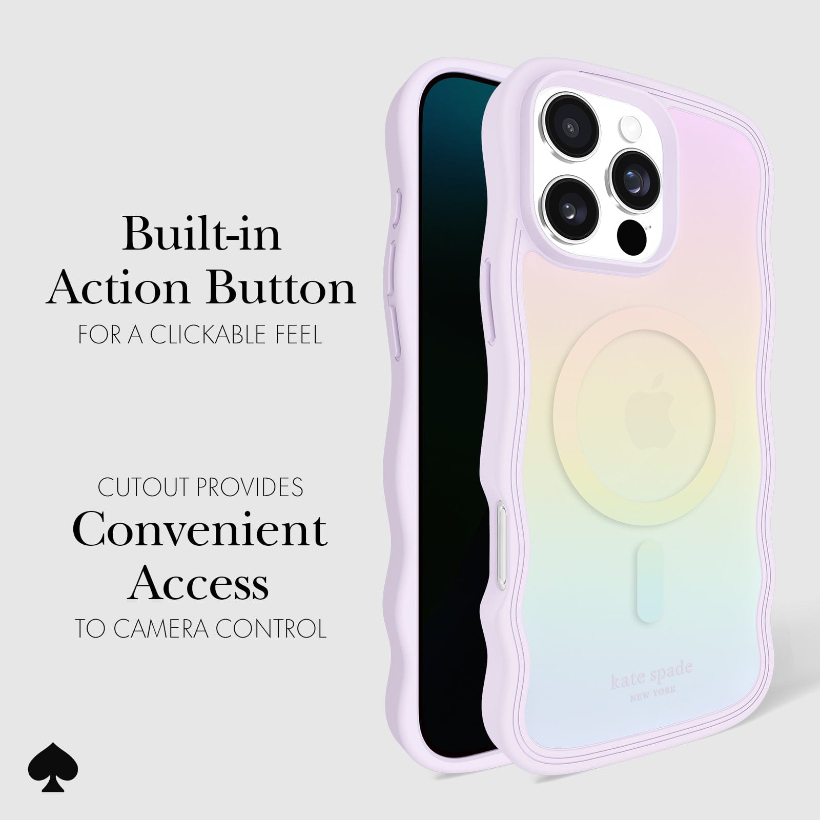 BUILT IN ACTION BUTTON FOR A CLICKABLE FEEL. CUTOUT PROVIDES CONVENIENT ACCESS TO CAMERA CONTROL