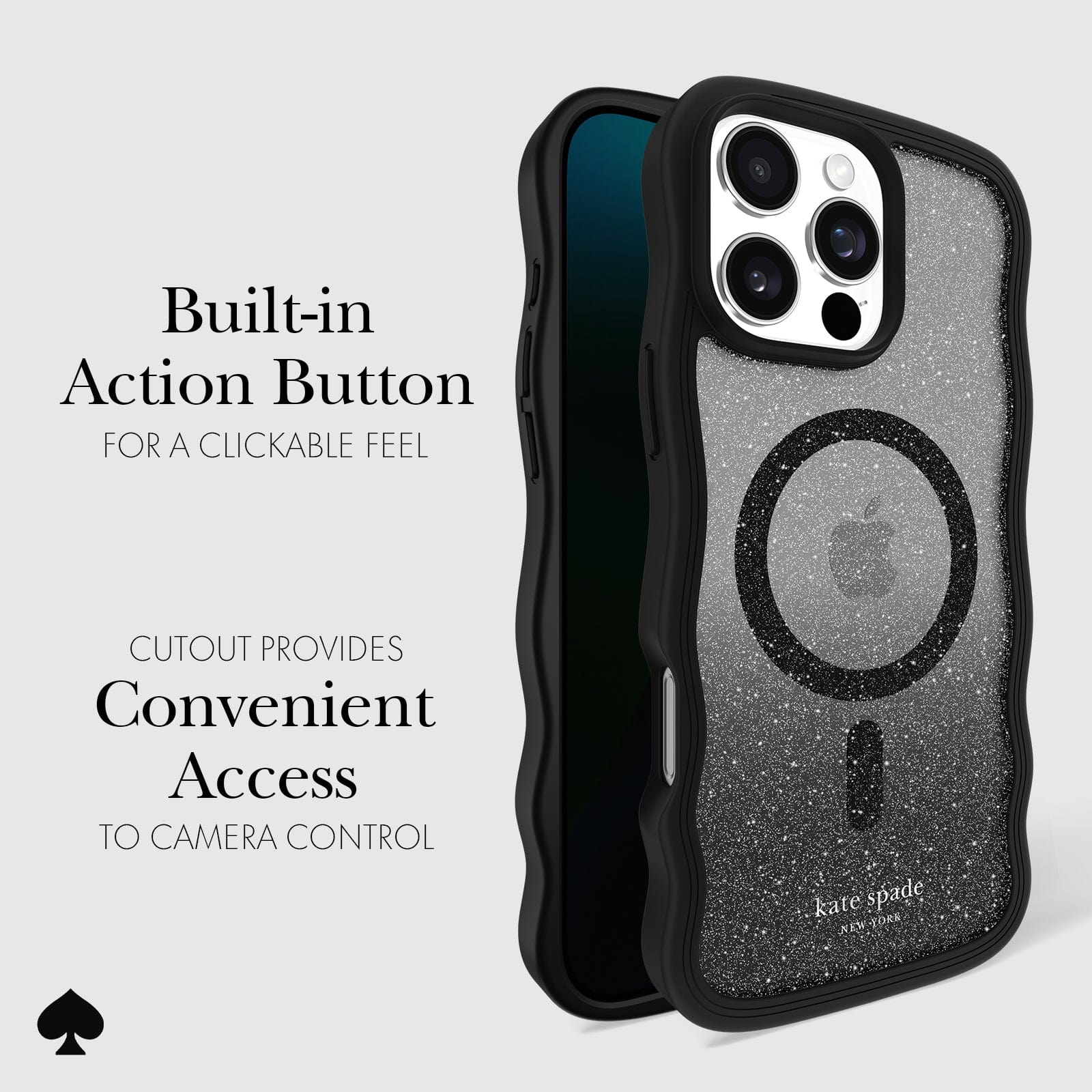 BUILT IN ACTION BUTTON FOR A CLICKABLE FEEL. CUTOUT PROVIDES CONVENIENT ACCESS TO CAMERA CONTROL