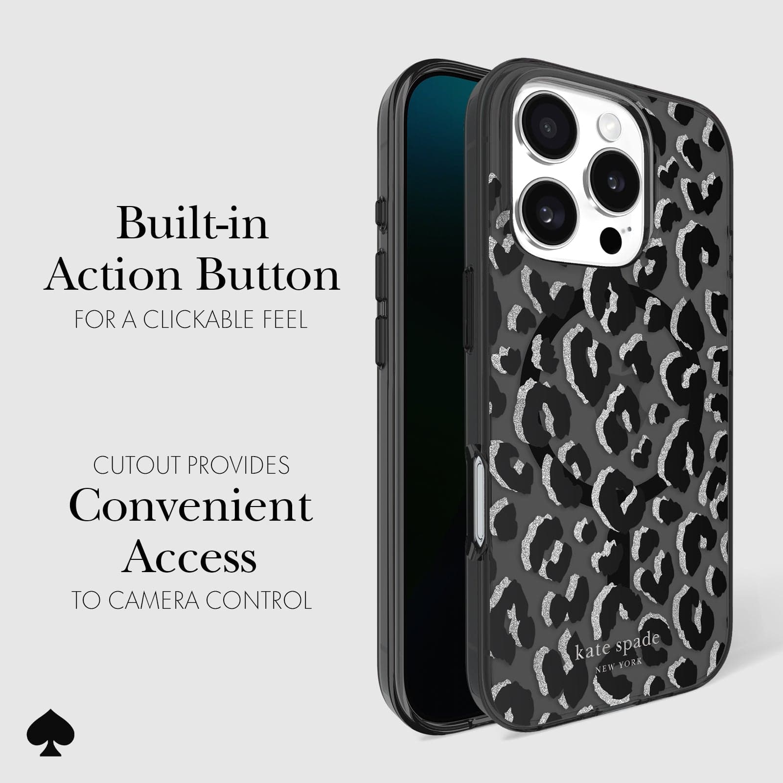 BUILT IN ACTION BUTTON FOR A CLICKABLE FEEL. CUTOUT PROVIDES CONVENIENT ACCESS TO CAMERA CONTROL