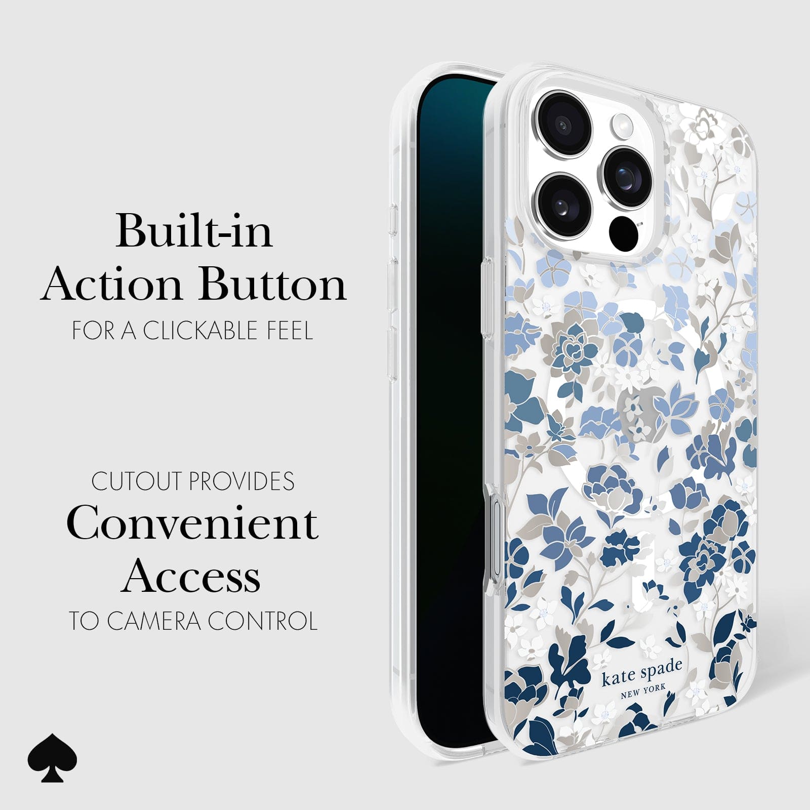 BUILT IN ACTION BUTTON FOR CLICKABLE FEEL. CUTOUT PROVIDES CONVENIENT ACCESS TO CAMERA CONTROL