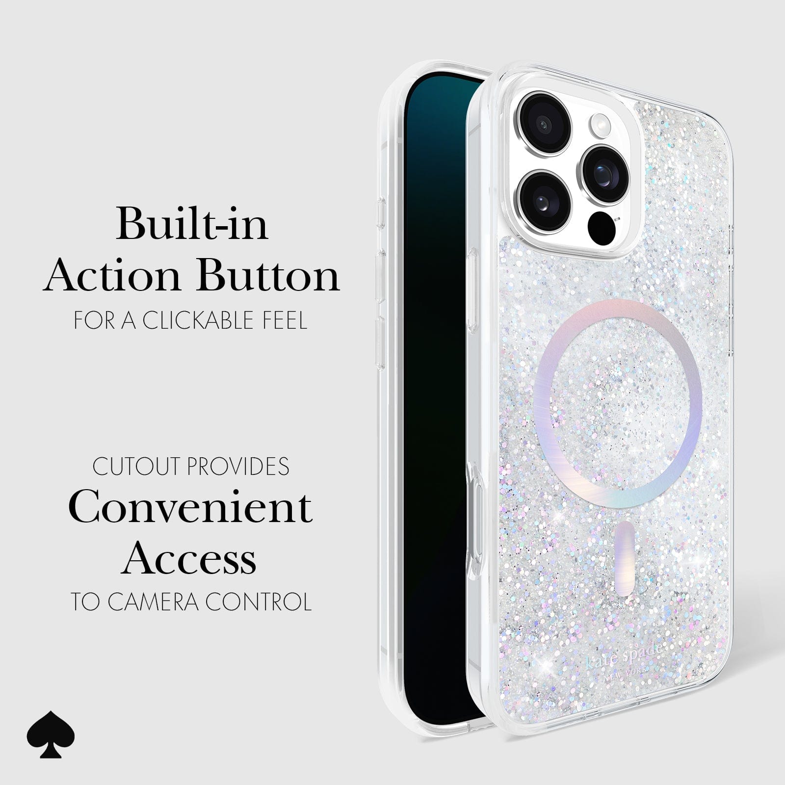 BUILT IN ACTIOM BUTTON FOR A CLICKABLE FEEL. CUTOUT PROVIDES CONVENIENT ACCESS TO CAMERA CONTROL