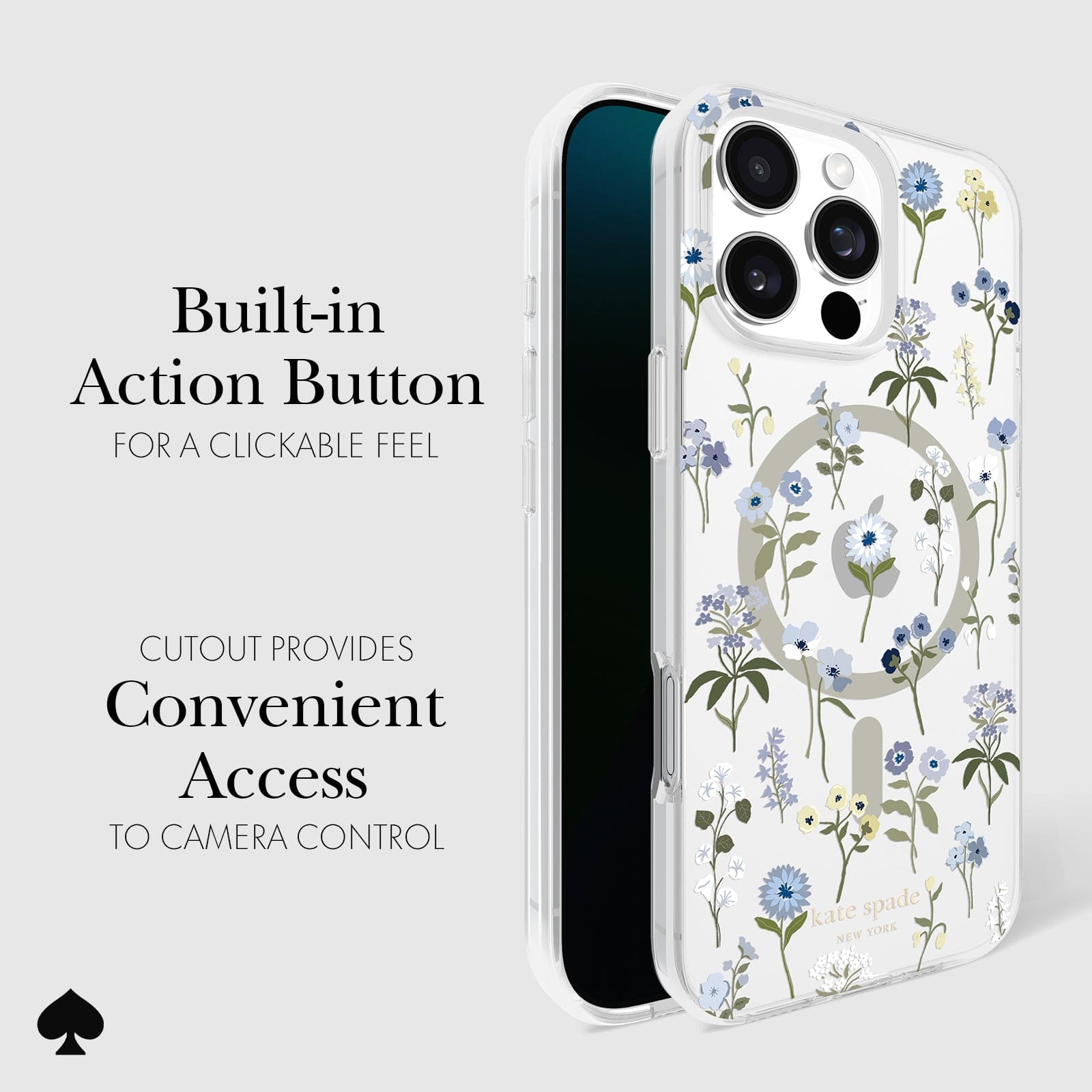 BUILT IN ACTION BUTTON FOR A CLICKABLE FEEL. CUTOUT PROVIDES CONVENIENT ACCESS TO CAMERA CONTROL