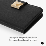 Luxe gold magnetic hardware keeps cash and cards secure