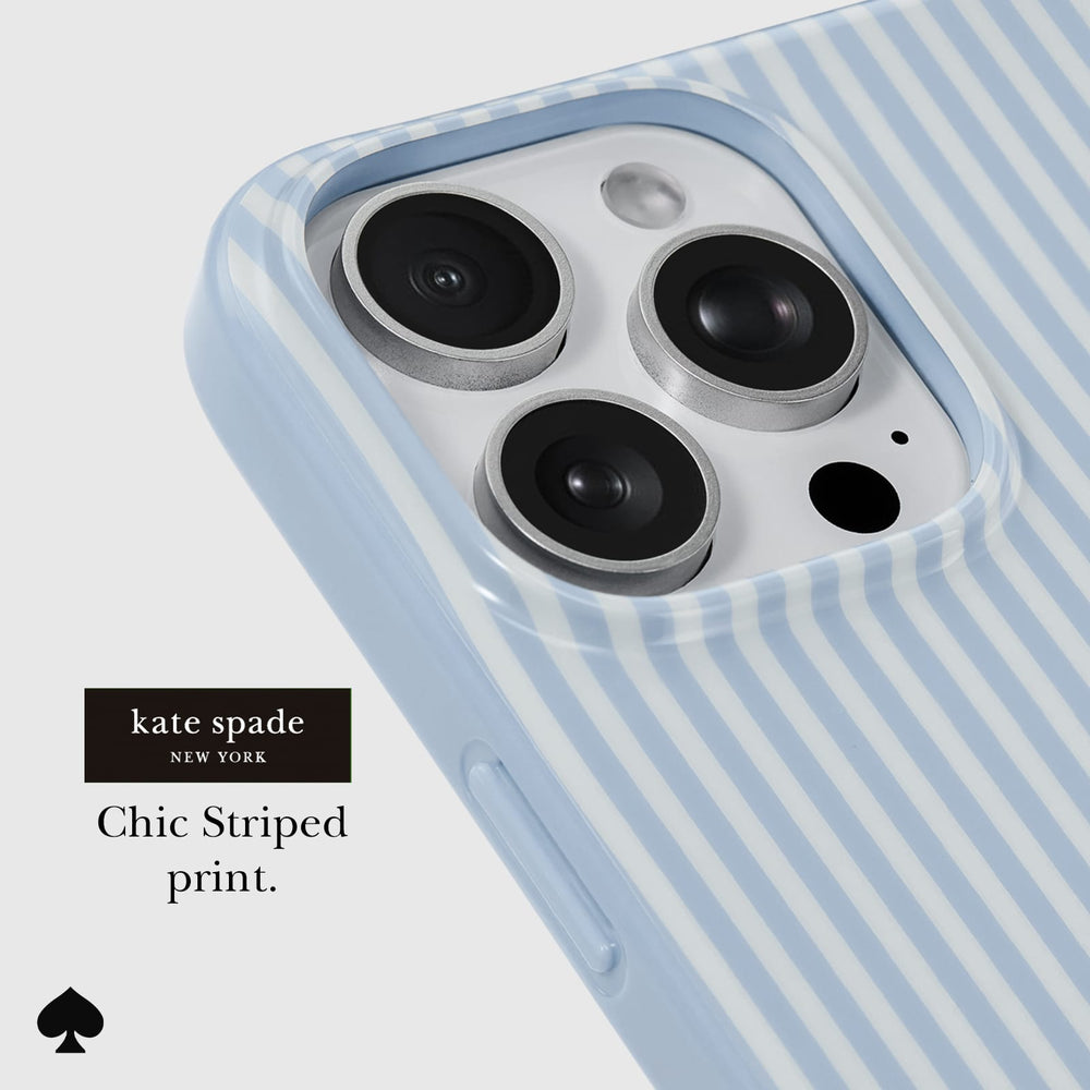 A close-up of a light blue and white striped phone case on a white phone, with the brand text 'kate spade NEW YORK' and 'Chic Striped print.' on a light gray background.