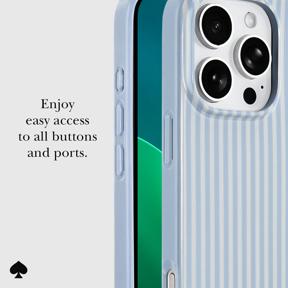 A close-up of a light blue striped phone case on a smartphone, with text reading 'Enjoy easy access to all buttons and ports.' on a light gray background.