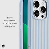 A close-up of a light blue striped phone case on a smartphone, with text reading 'Enjoy easy access to all buttons and ports.' on a light gray background.
