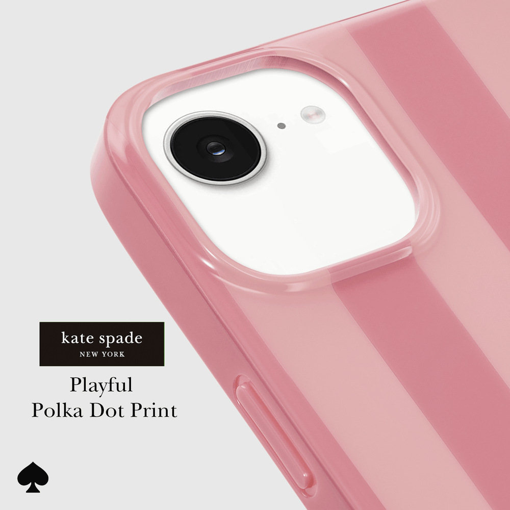 A close-up of a pink phone case with a glossy striped pattern and a raised camera cutout, shown on a light gray background with the text 'kate spade NEW YORK Playful Polka Dot Print' and a black spade icon.