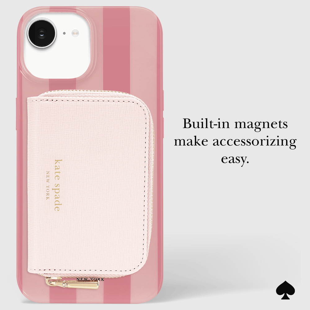 A pink striped Kate Spade New York phone case with a built-in light pink card holder pocket and gold zipper pull, shown on a light gray background with the text 'Built-in magnets make accessorizing easy.'.