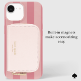 A pink striped Kate Spade New York phone case with a built-in light pink card holder pocket and gold zipper pull, shown on a light gray background with the text 'Built-in magnets make accessorizing easy.'.