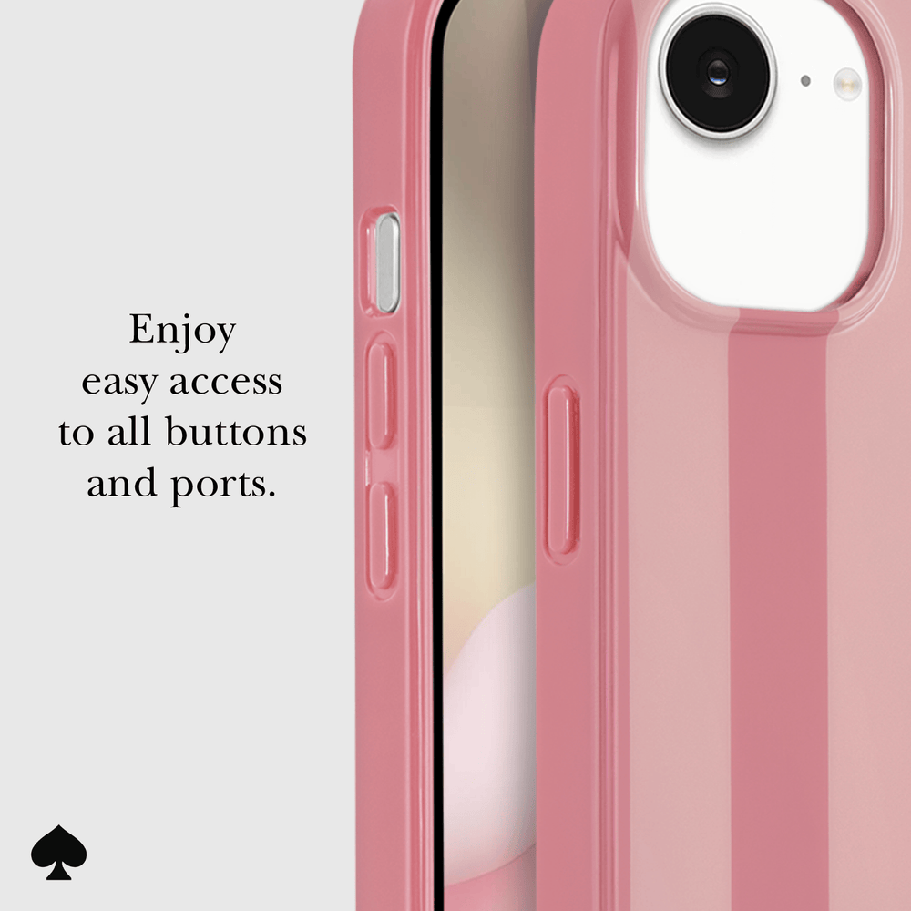 A pink protective phone case shown on a smartphone, with text on the left reading 'Enjoy easy access to all buttons and ports.' The case is displayed in a clean studio-style layout with a light gray background and a small black spade icon at the bottom left.