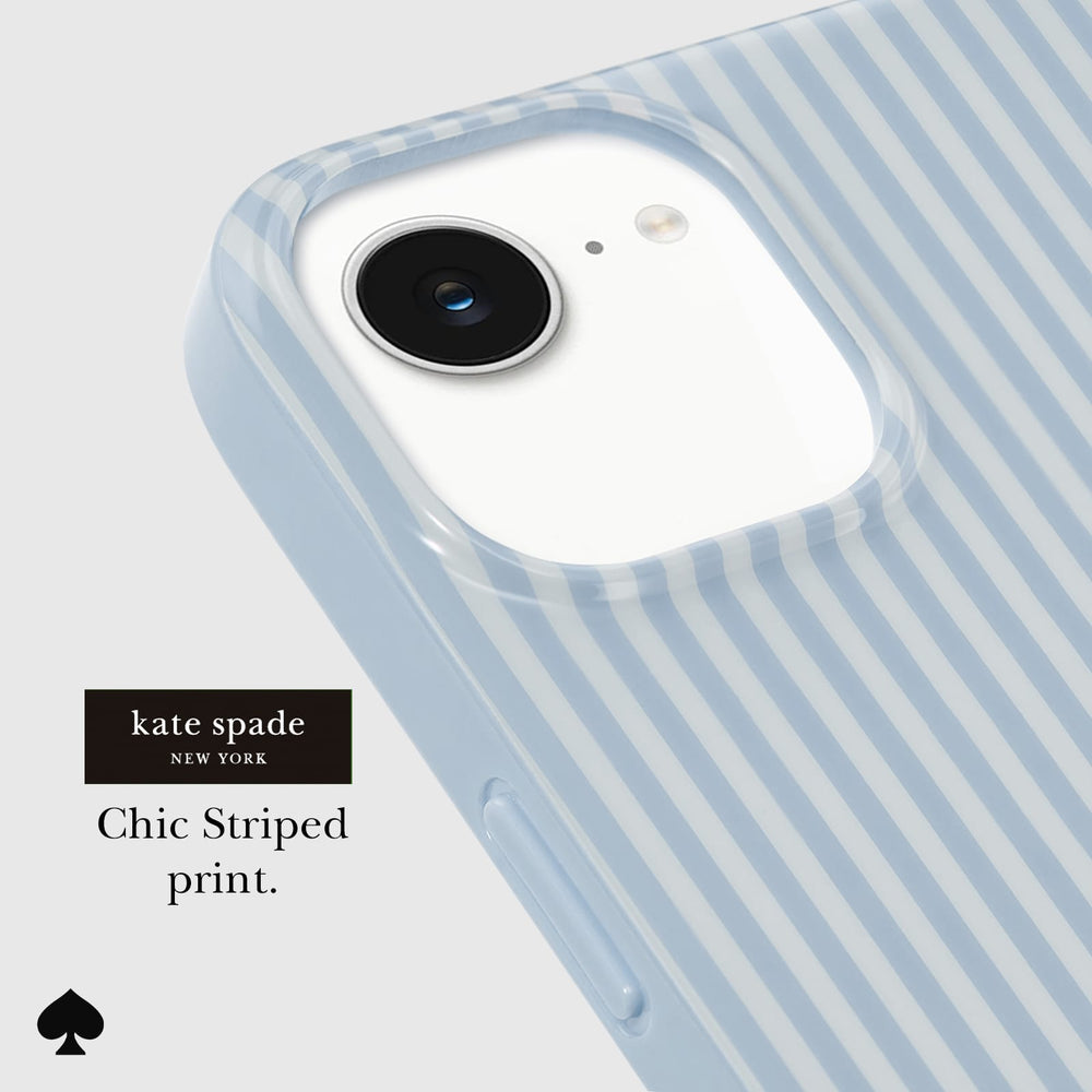 A close-up of a light blue and white striped phone case on a white smartphone, with the text 'kate spade NEW YORK Chic Striped print.' and a black spade logo on a light gray background.