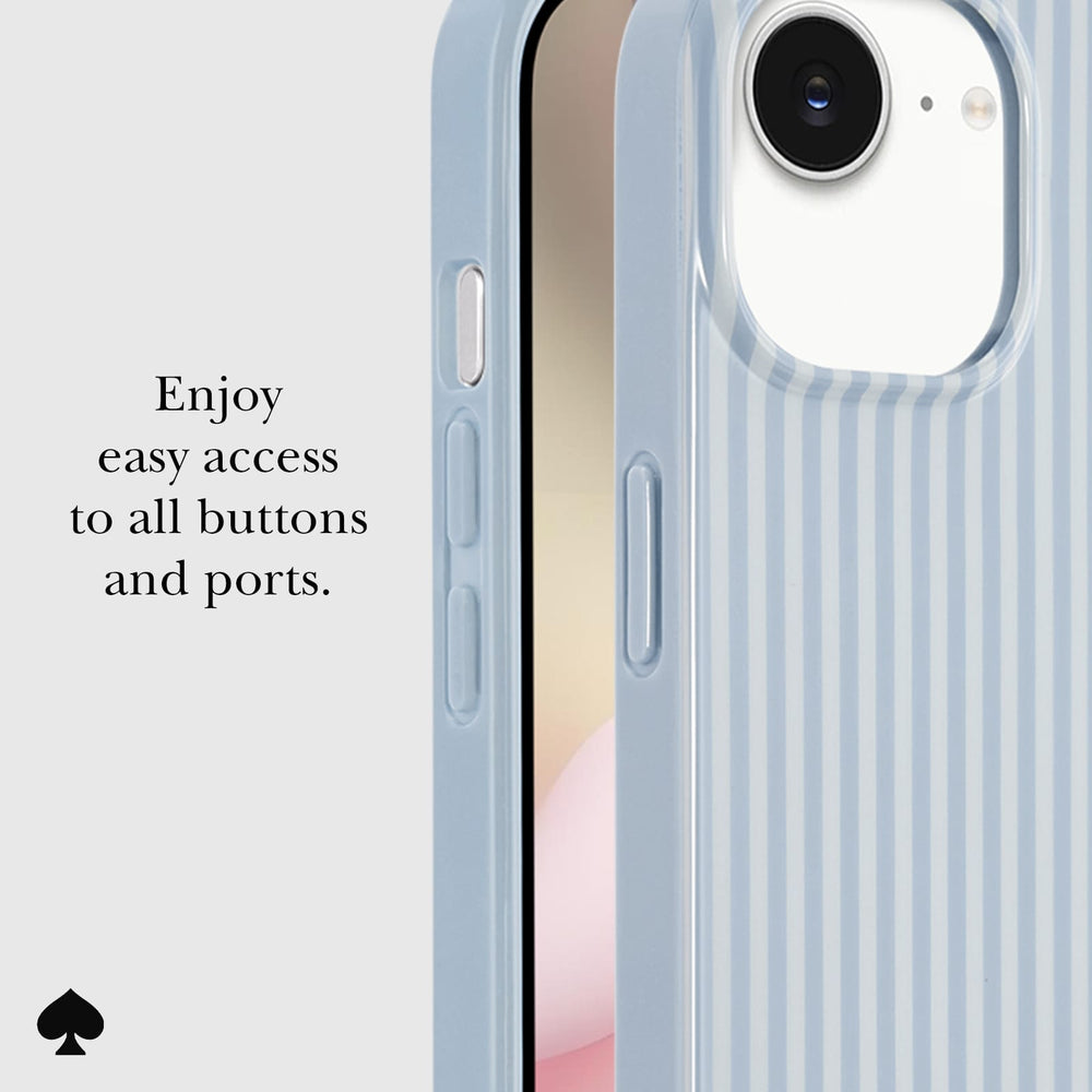 A light blue striped phone case shown on a smartphone, with text on the left reading 'Enjoy easy access to all buttons and ports.' and a small black spade logo at the bottom left.